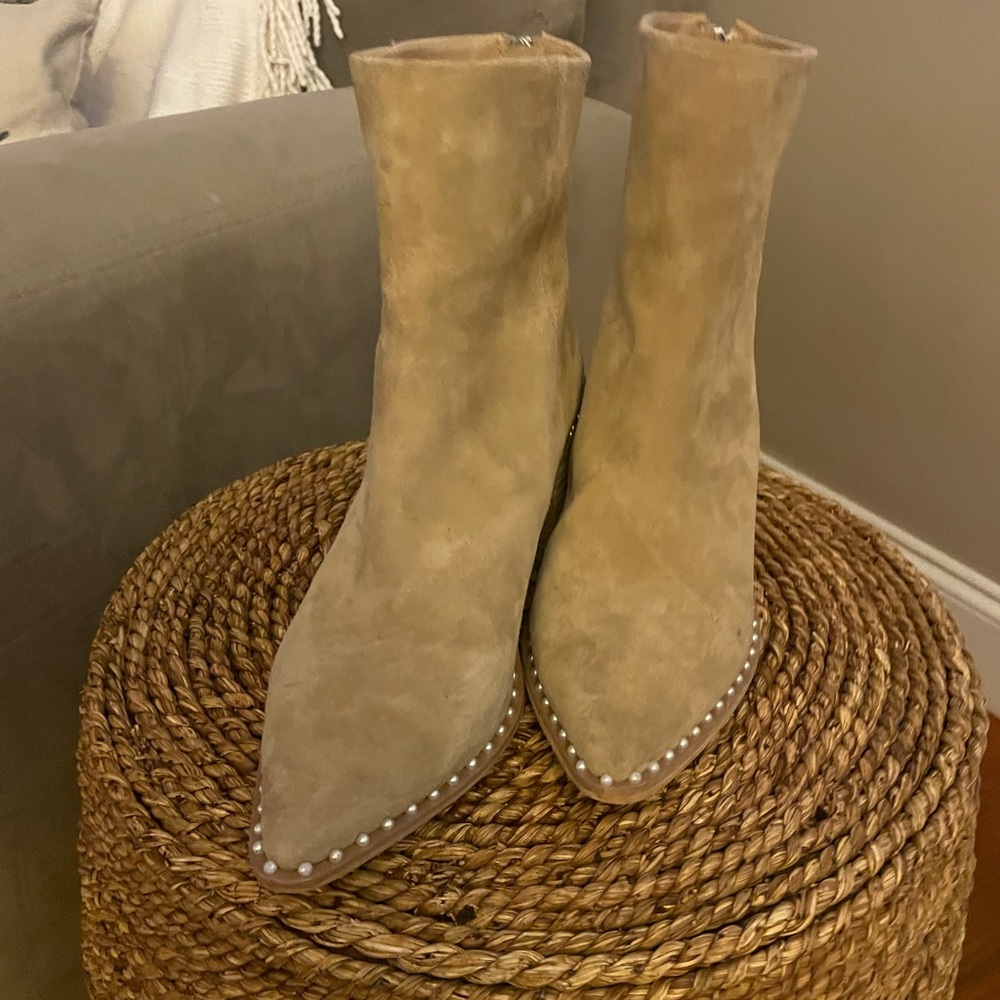 Steve Madden Tan Suede Pointed Toe Ankle Boots with Stud Trim